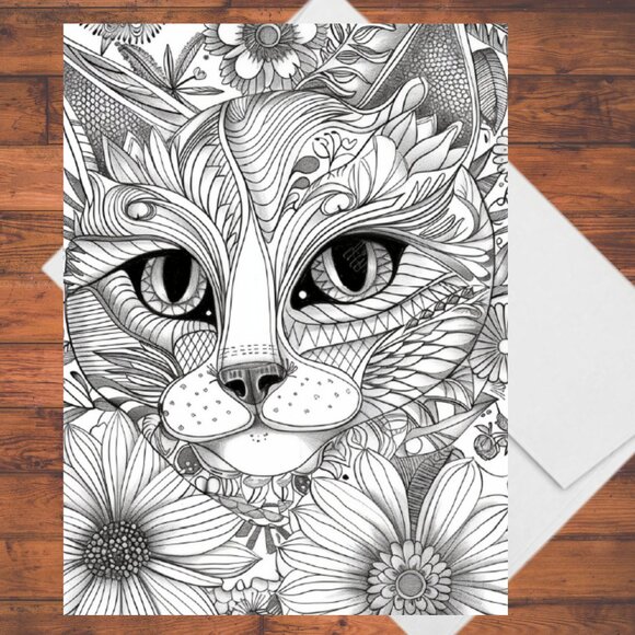 8 Cats in Flowers Coloring Cards Kit: 5x7 Handmade DIY Greeting Cards Envelopes - Picture 9 of 9